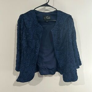 ALEX EVENINGS Navy Blue Lace Overlay Open Front Bolero Jacket Size 16 - NEW